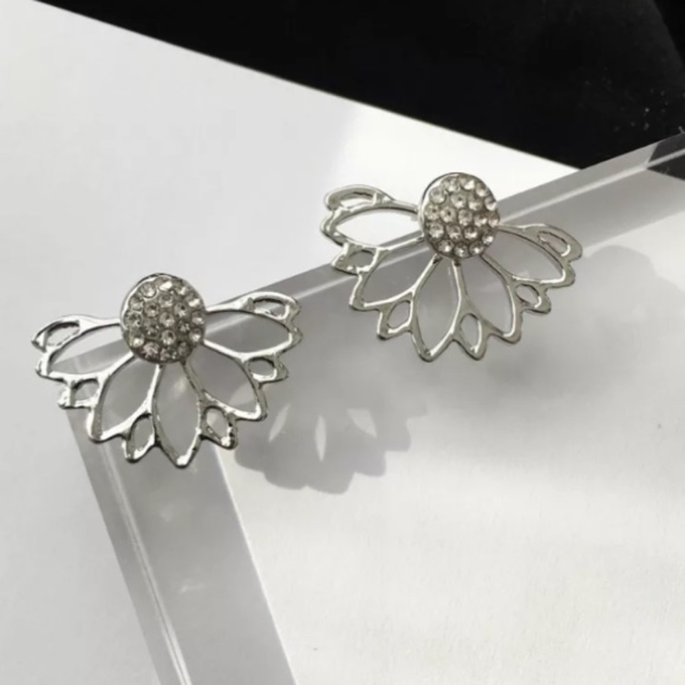 Silver tone Flower Jacket Earrings ear ring - Picture 4 of 4